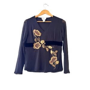 Talbots Collection Pure Silk Floral Embroidered Blouse Top L Long Sleeve V-Neck